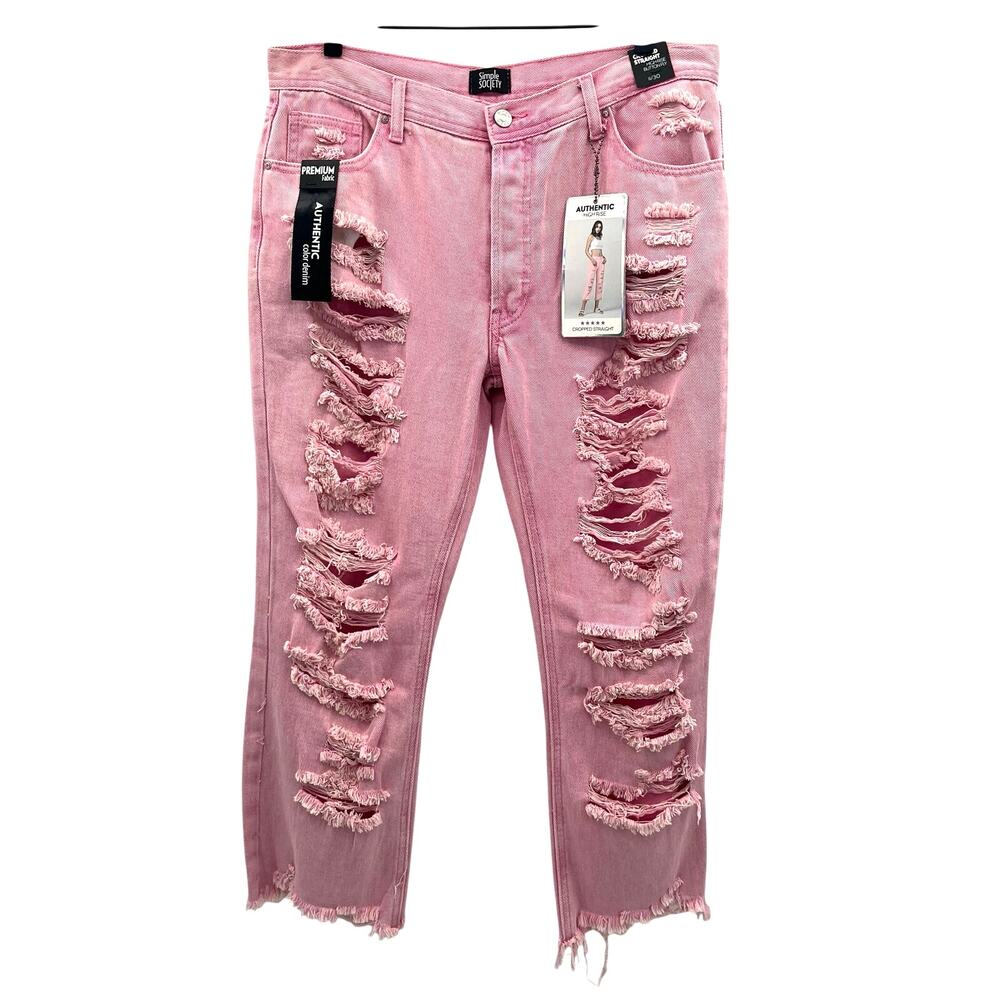 Ripped Straight Leg Jeans in Pink womens sz 11/30 High Rise Button Fly Cropped